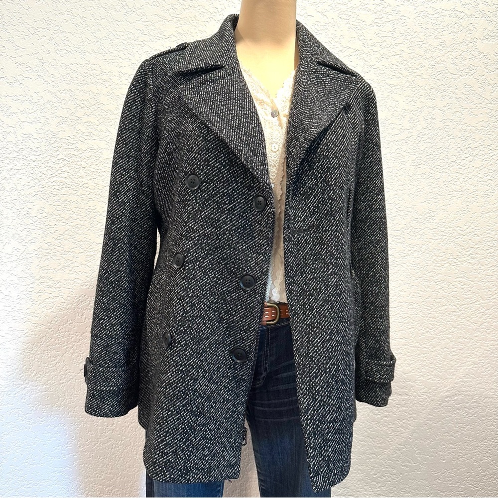 Lucky Brand Wool Blend Double-Breasted Zip Up Pea Coat‎ Black & White Tweed